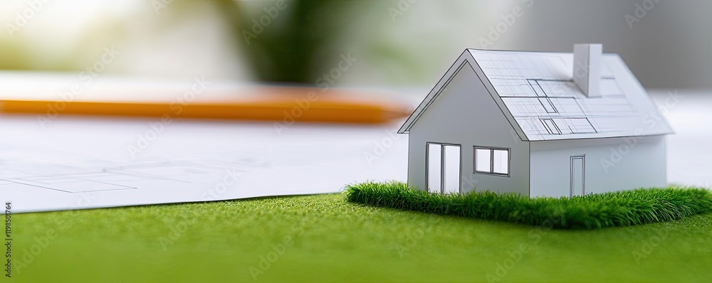 Poster Engineer sketching idea. A miniature house model on a grassy surface symbolizes home and architecture planning.