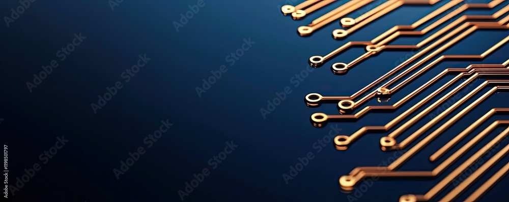 Poster Engineer project concept. Abstract view of a printed circuit board with intricate gold trace designs.
