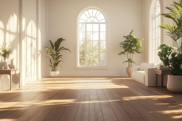 Sunlit minimalist living room with hardwood floor, large window, and potted plants.