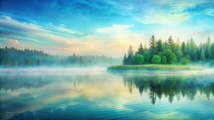 Fototapeta premium Serene Morning Mist Over a Still Lake, Mirroring the Tranquil Forest and Peaceful Sky