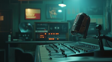 Fototapeta premium Cinematic shot, a radio broadcaster, mic studio, chistopher nolan style