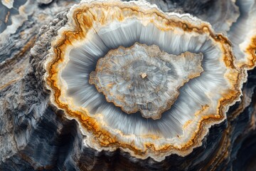 Obraz premium Stunning agate geode with concentric bands of grey, white, and golden brown, showcasing intricate mineral formations.