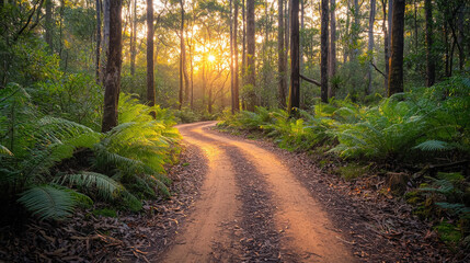 Obraz premium Serene Forest Pathway with Sunlight Filtering Through Trees Creating a Peaceful Atmosphere in a Lush Green Environment