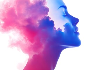 A woman's face is shown in a cloud of pink and blue