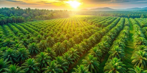 Aerial View of Lush Green Palm Oil Plantation Landscape