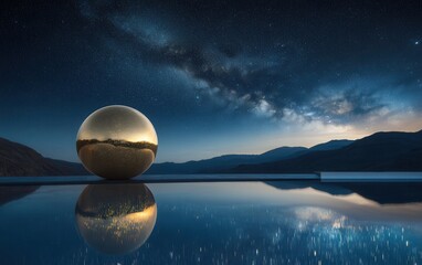 Golden Orb Reflecting Night Sky with Milky Way Over Infinity Pool and Mountains.