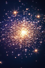 Naklejka premium Sparkling Golden Glitter Burst on Dark Blue Background Festive, Magical, Abstract Texture for Design