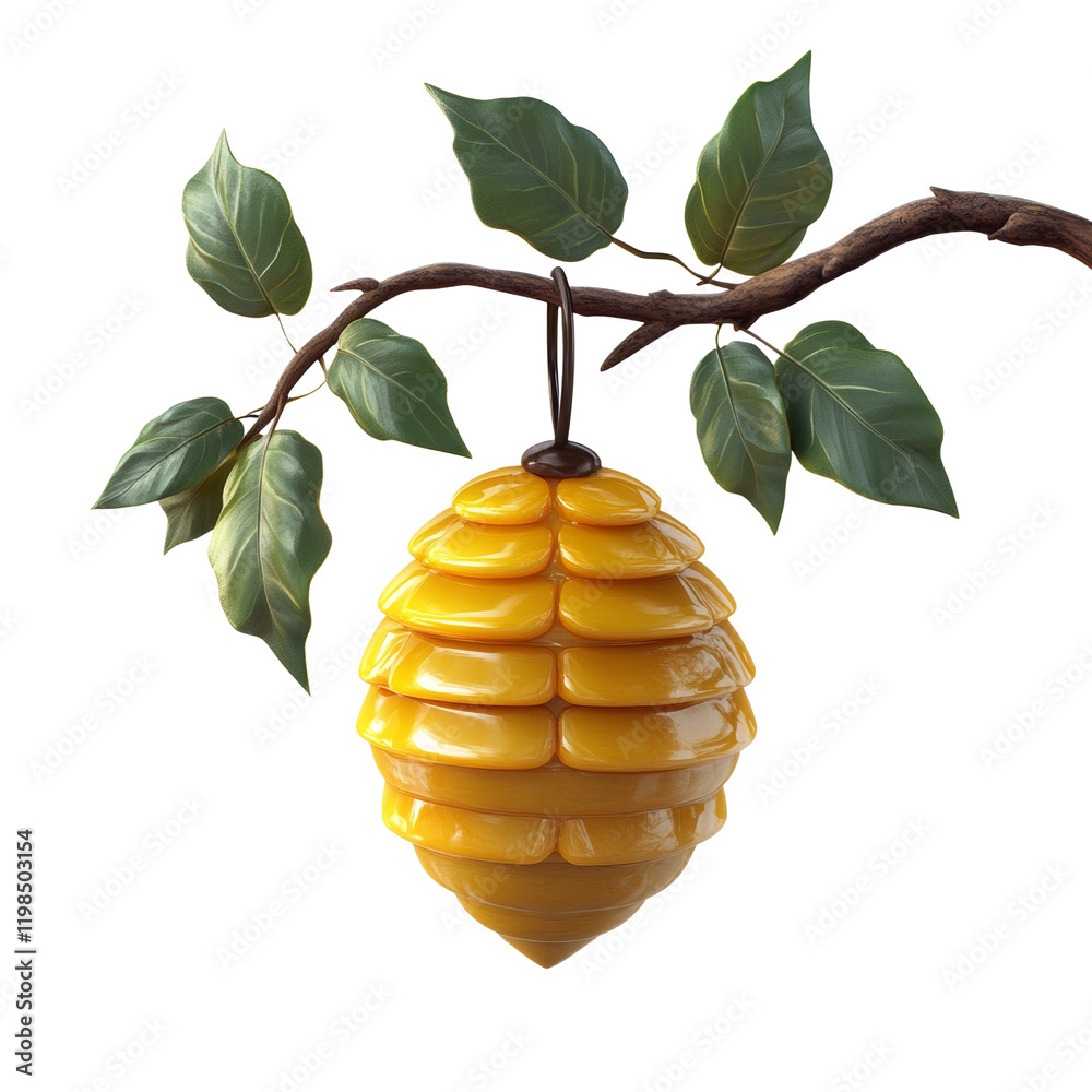 Poster a stylized golden honeycomb hangs from a branch with green leaves against a white background, creati