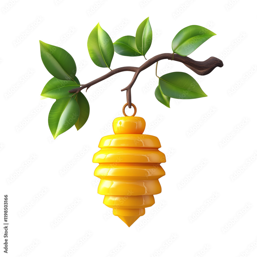 Poster a stylized yellow honeycomb hangs from a green branch against a white background depicting a nature-