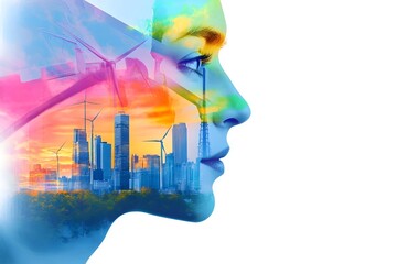 A woman's face is shown with a city skyline in the background