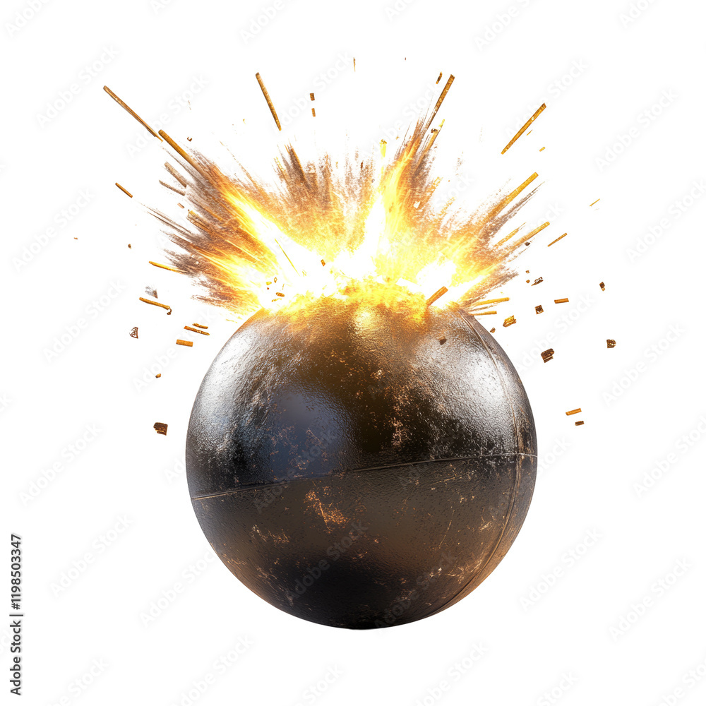 Poster a dark metallic sphere explodes with intense fiery energy and debris scattering across a white backg