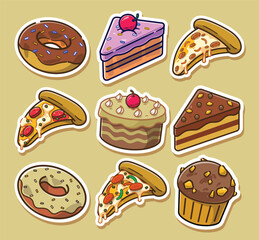 a Set of Sticker of All Bakery Items Including Pizza.