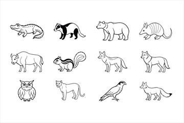 Fototapeta premium 12 different American animals line art vector illustrations