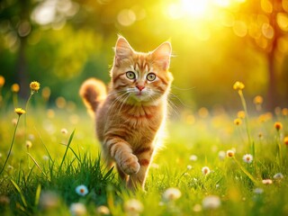 Aerial View of Playful Orange Cat,  Flying Through Sunny Meadow,  Cute Kitten GIF Animation