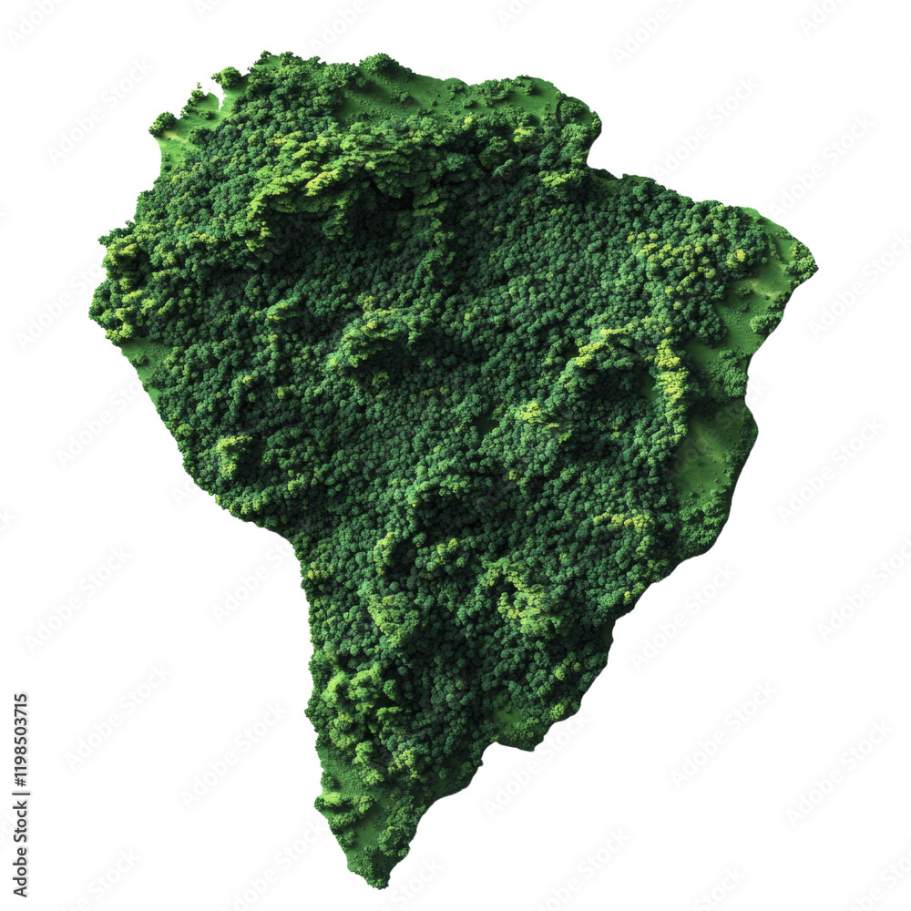 Poster A three dimensional rendering depicts a lush green island densely covered with tropical forest from an aerial perspective.