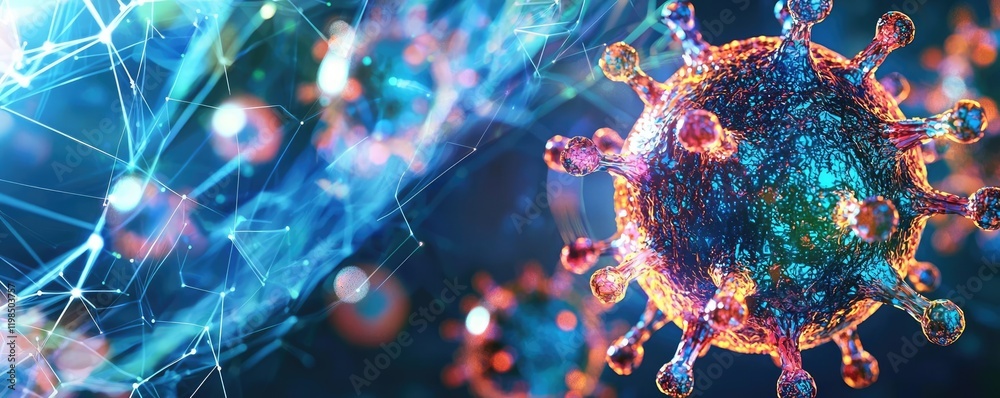 Poster Dust pollution idea. Colorful representation of a virus in a digital environment with intricate details.