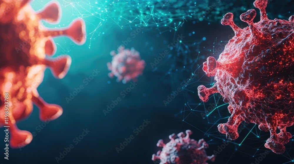 Poster Dust pollution idea. Detailed 3D rendering of viruses causing infectious diseases in a digital environment.