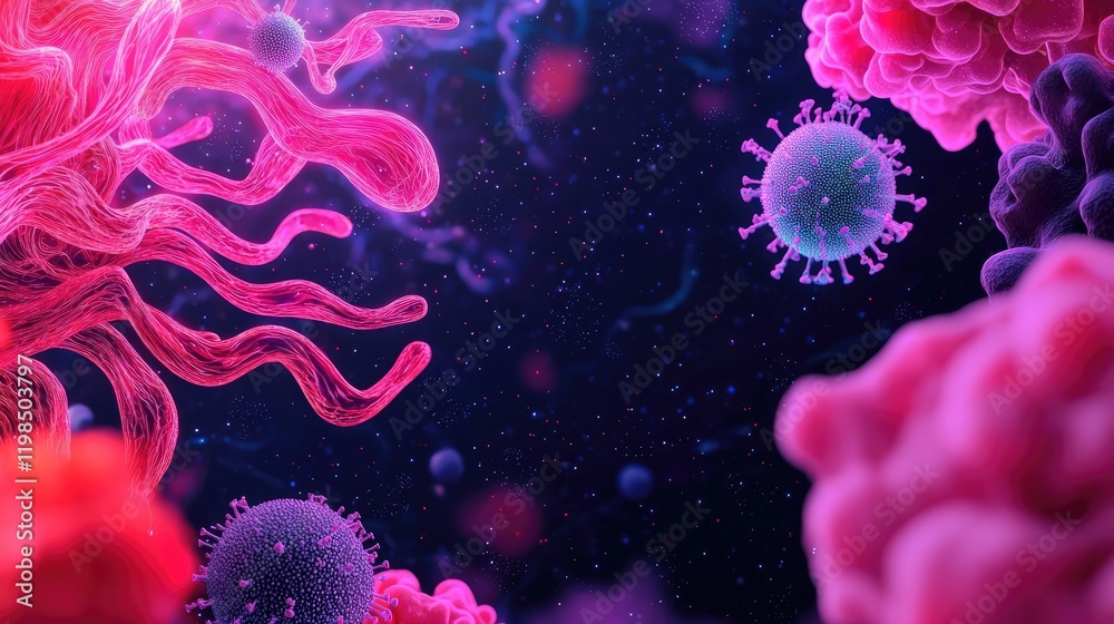 Poster dust pollution idea. colorful microscopic view of cells and viruses in a dark environment.