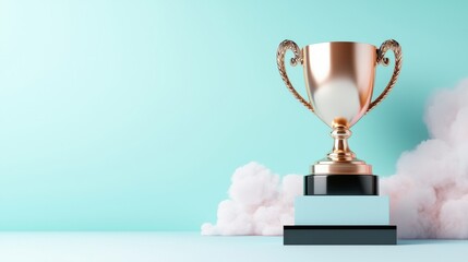 Fototapeta premium A shiny trophy sits atop a black and blue pedestal against a soft, light background, symbolizing achievement and success.