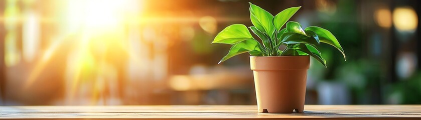 Obraz premium A vibrant green plant in a pot basking in sunlight, perfect for adding a touch of nature to any space.