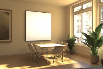 Sunlit dining room with blank canvas, wooden table, chairs, plants, and large window.