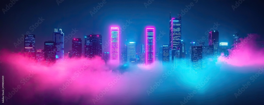 Aufkleber dust pollution idea. a vibrant city skyline illuminated with colorful lights enveloped in misty atmo