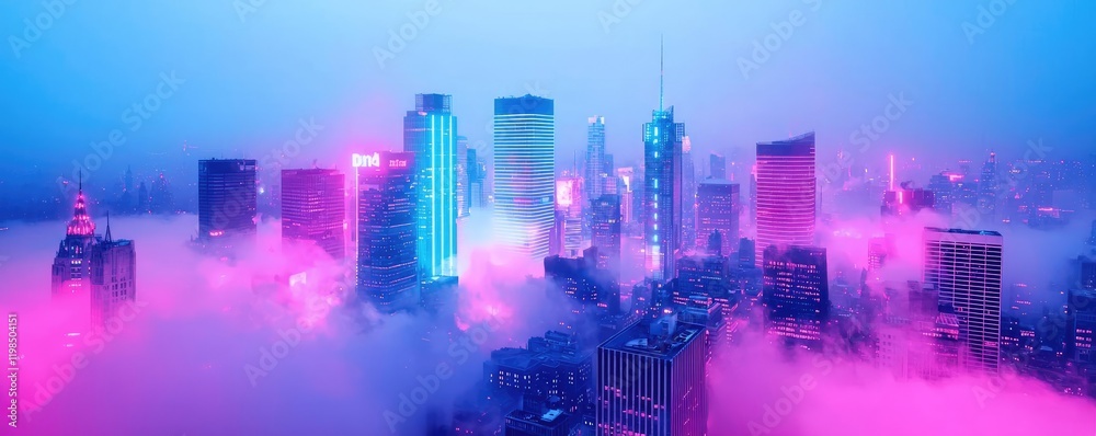 Poster dust pollution idea. a vibrant city skyline shrouded in colorful fog and illuminated by neon lights.