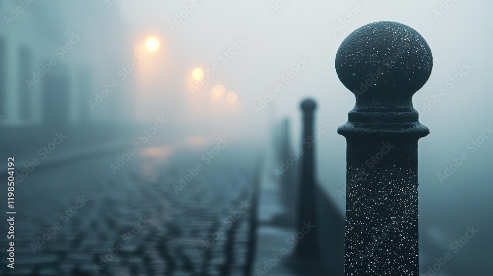 Poster dust pollution idea. a foggy street scene with cobblestones and illuminated lampposts at dusk.