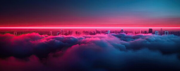 Dust pollution idea. A vibrant city skyline emerging from colorful clouds at dusk, illuminated by neon lights.