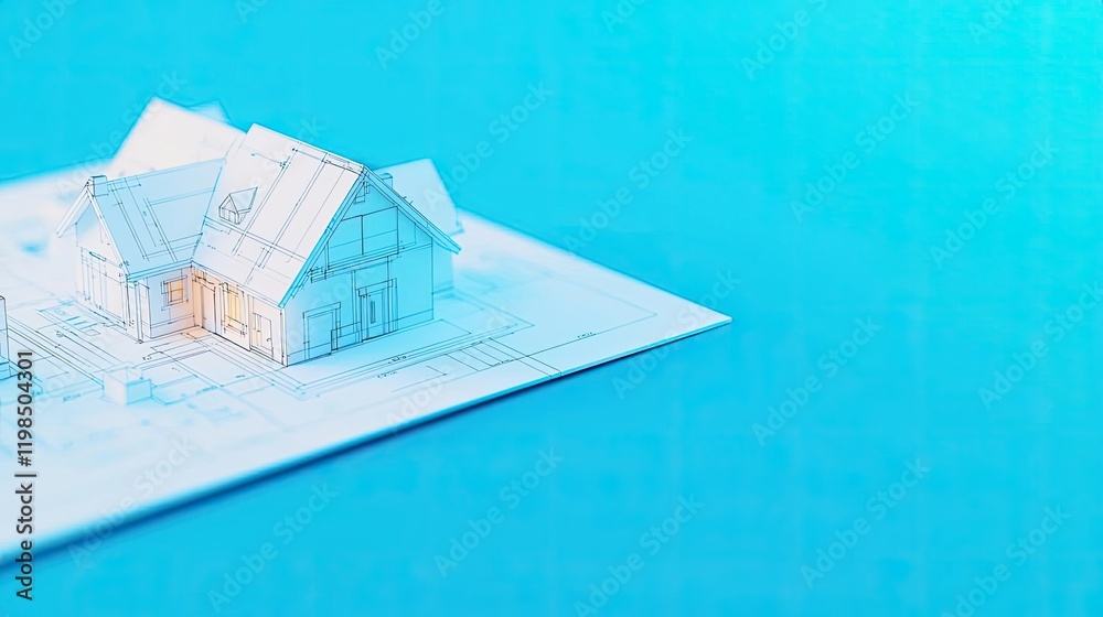 Poster engineer project concept. a detailed architectural model sits on a blueprint against a blue backgrou