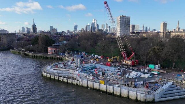 Thames Tideway tunnel super sewer Wapping London construction drone,aerial