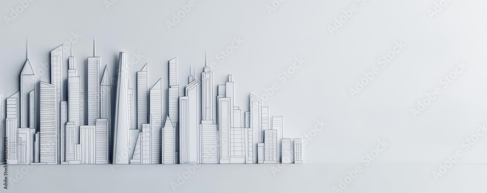 Poster Engineer sketching idea. A minimalist white skyline showcasing modern architecture and urban design elements.