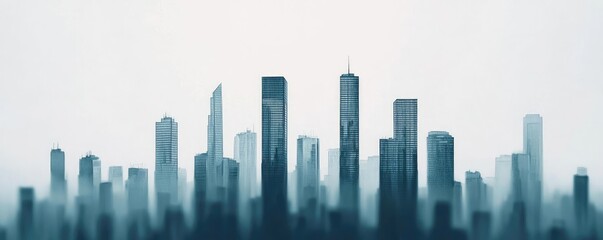 Obraz premium Engineer sketching idea. A city skyline shrouded in mist, showcasing modern skyscrapers and urban architecture.