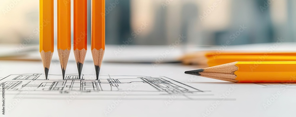Poster Engineer project concept. A close-up of yellow pencils arranged on architectural blueprints and designs.