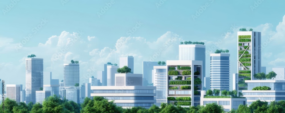 Poster Engineer sketching idea. Modern skyline featuring green architecture and eco-friendly design in a vibrant city.