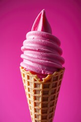 waffle cone with smooth pink ice cream in dynamic motion. Light pink background, seamless color gradients