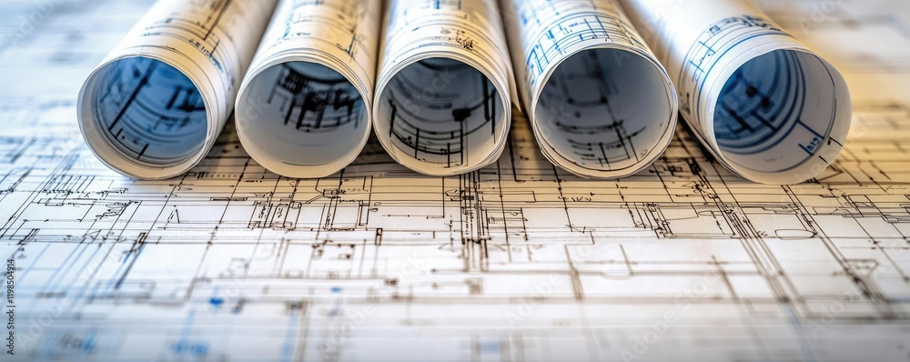Poster Engineer blueprint concept. Blueprints rolled up on a table, symbolizing architectural design and construction planning.