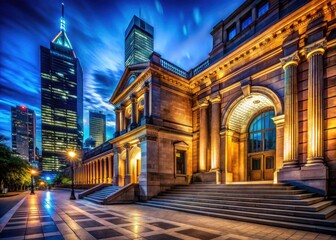 Fototapeta premium A city's night lights dramatically showcase the museum's architectural details, its dark façade glowing.