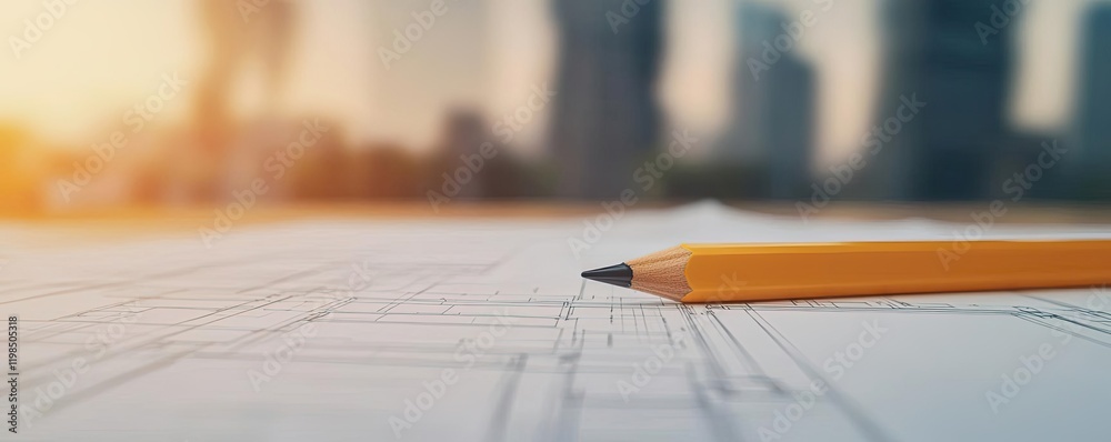 Poster Engineer project concept. Close-up of a pencil resting on architectural blueprints in an urban setting.