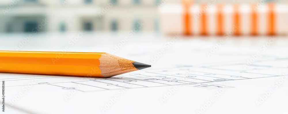 Poster engineer project concept. close-up of a yellow pencil on architectural blueprints for professional p
