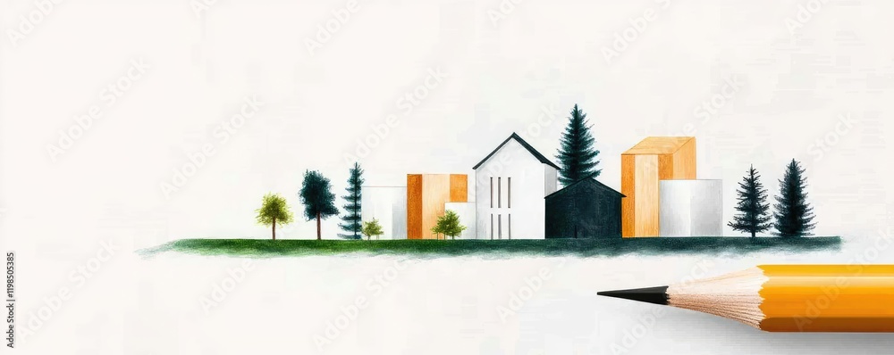 Poster engineer sketching idea. a vibrant illustration of modern buildings with nature surrounding them.