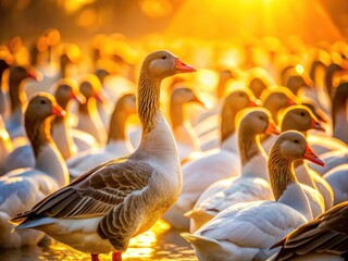 A solitary brown goose stands out, bathed in golden light, against a flock of white geese. Nature's masterpiece.
