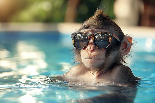 A monkey wearing sunglasses enjoys a refreshing swim in a pool on a hot summer day.