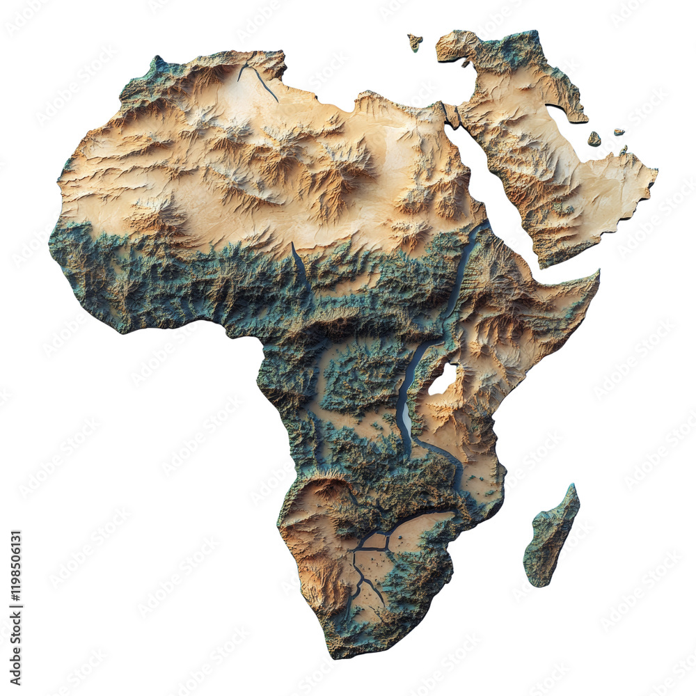 Poster a detailed three-dimensional topographical map illustrating africas diverse terrain and geographical