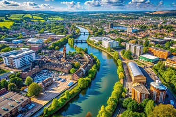 Breathtaking aerial view: a charming English town nestled along the Thames and Kennet Rivers.