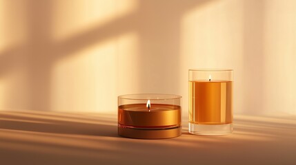 Create a photo of a fragrance candle and a car fragrance in the form of a container with liquid standing together in a minimalist style