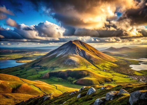 Breathtaking Irish landscape: Croagh Patrick's majestic peak, viewed from Mweelrea's heights.
