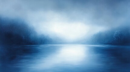 Ethereal Blue Lake Landscape Painting with Foggy Mountains and Reflecting Light.
