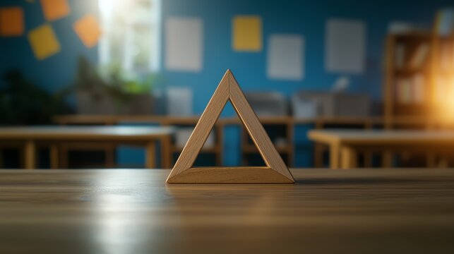 A wooden triangular ruler placed on a desk in a bright classroom, showcasing a thoughtful learning environment.
