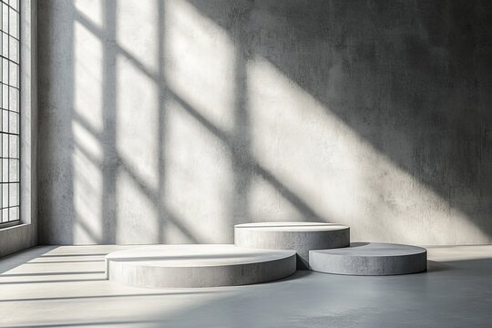Concrete podiums in sunlit industrial room.